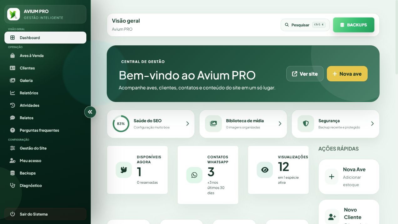 Dashboard real acessado pela conta administradora