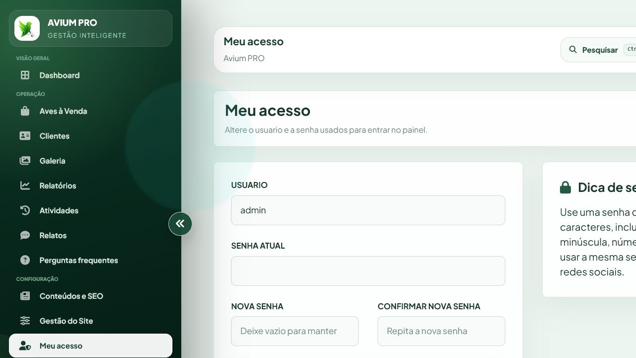 Tela real Meu acesso com senha, duas etapas e acesso demonstrativo