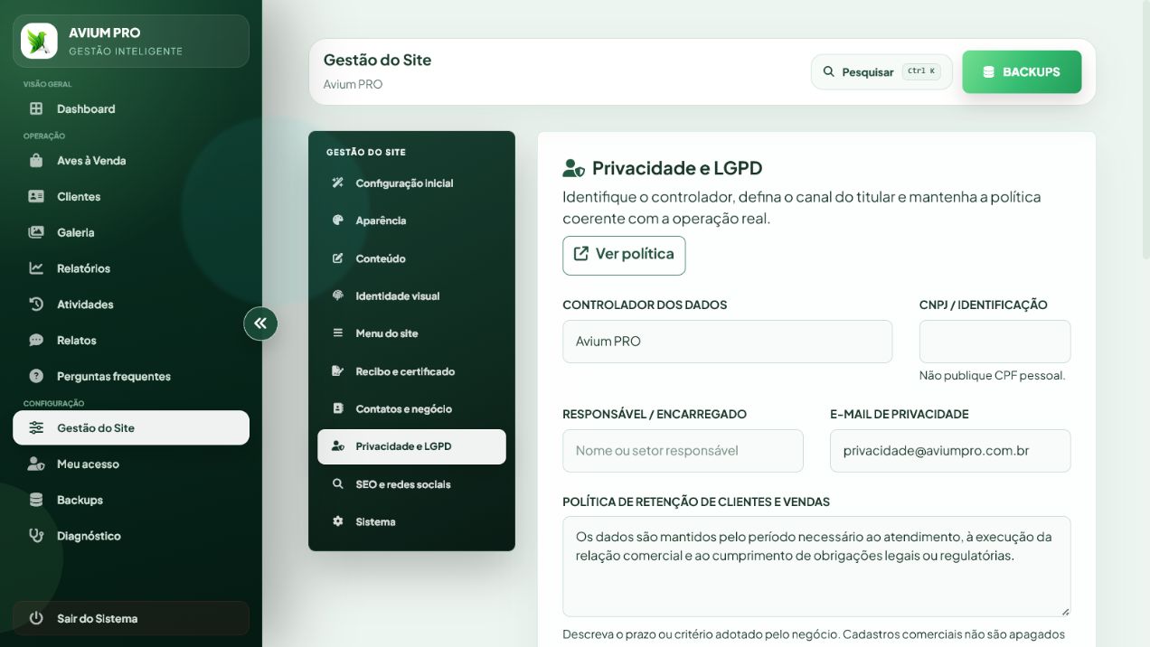 Tela real de Privacidade e LGPD