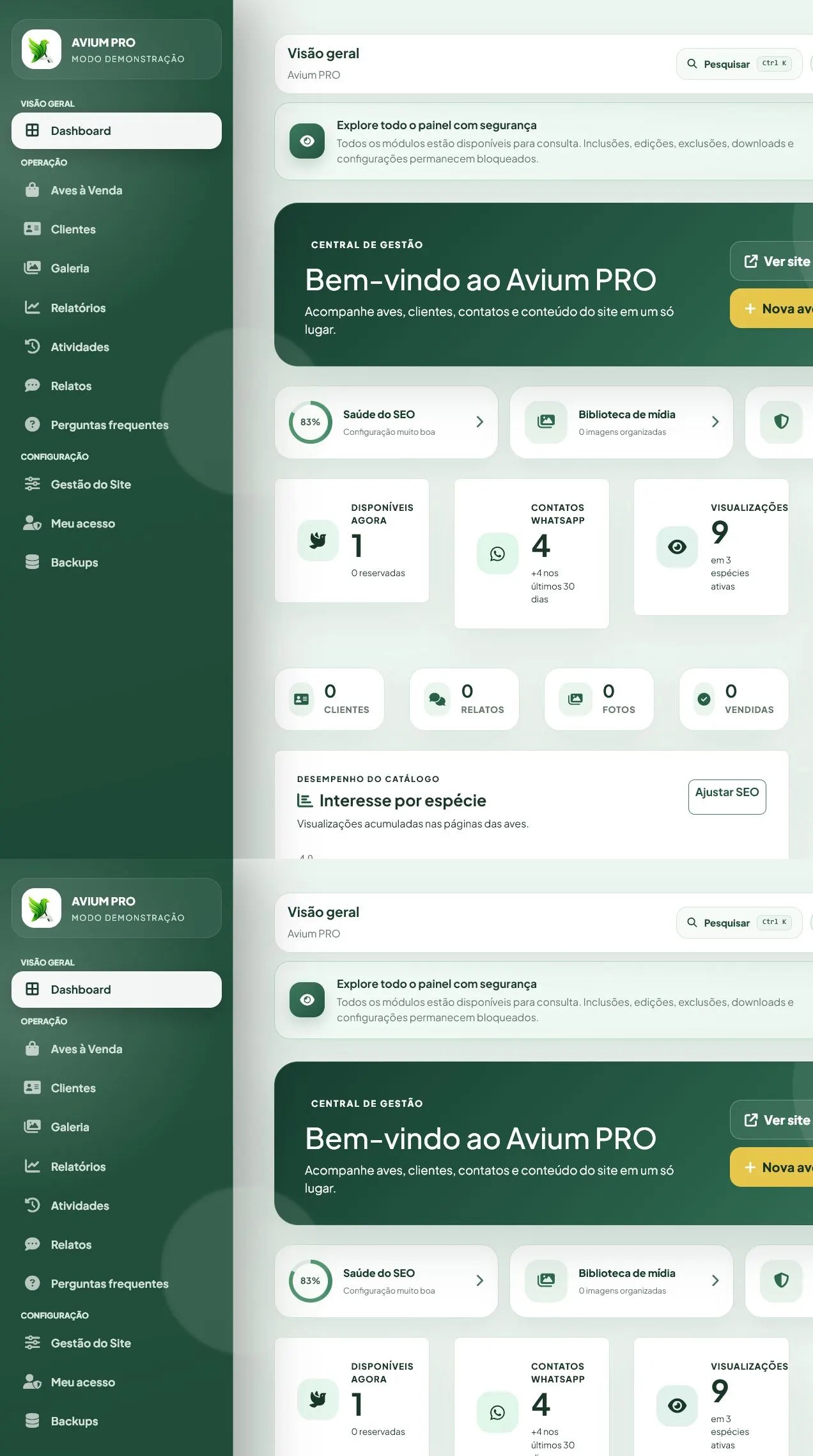 Tela real do Dashboard do Avium Pro mostrando menu, resumo e indicadores