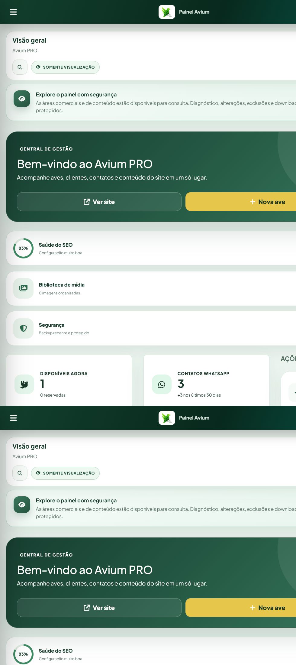 Recorte do cabeçalho e ações principais do Dashboard